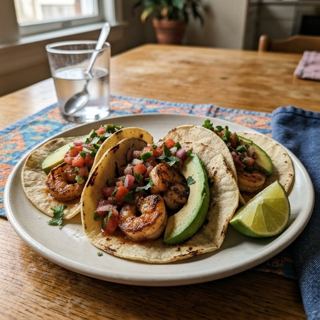 A plate of shrimp tacos with avocado, pico de gallo, and lime